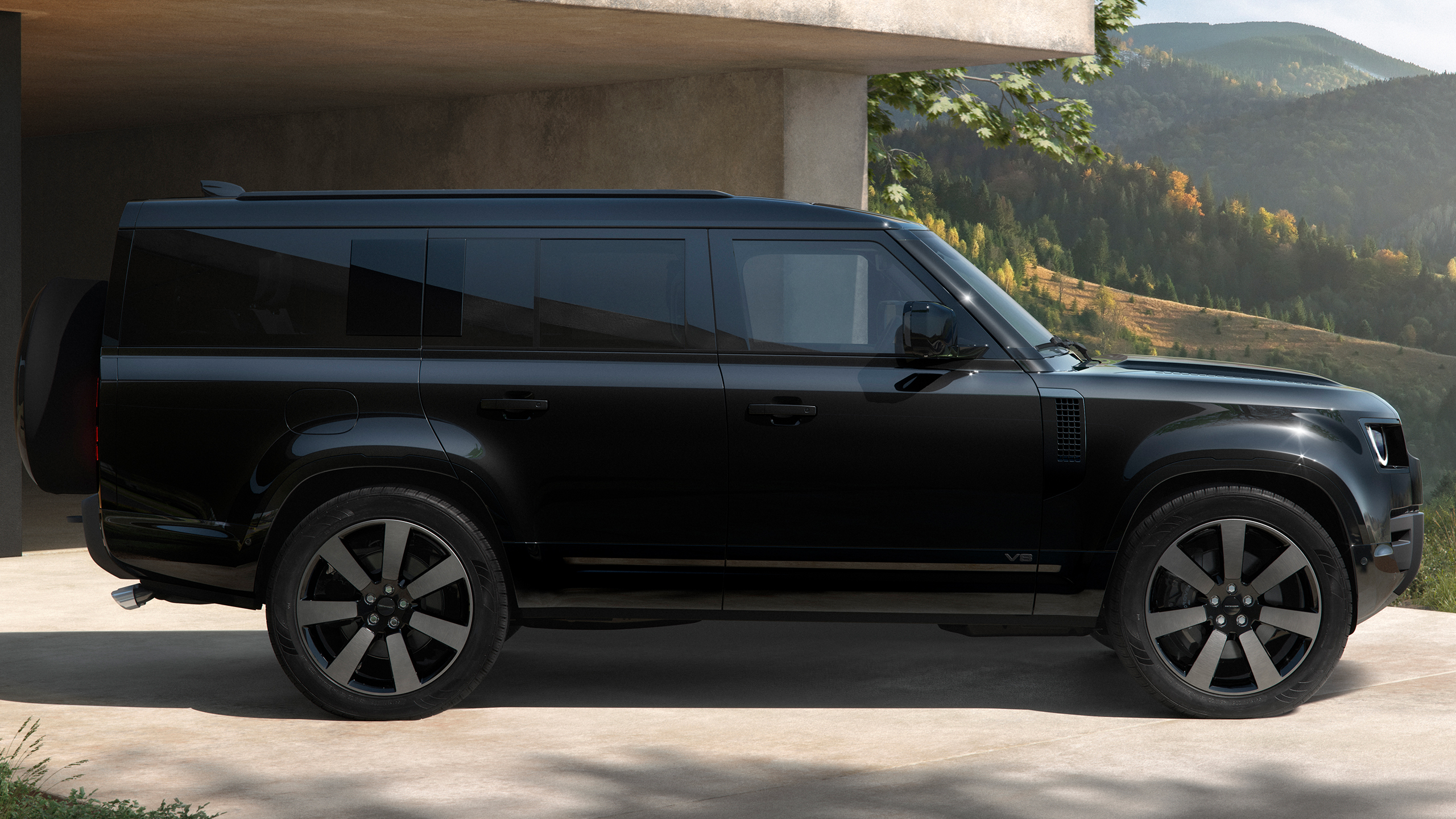 Side view of Defender parked